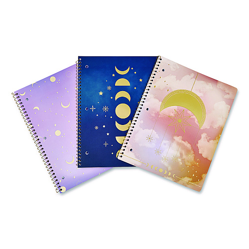 ECCOLO Celestial Body Spiral Notebook, 1-Subject, Medium/College Rule, Assorted Cover Colors/Designs, (80) 11 x 8.5 Sheets, 3/Pack (ST839A3PACK)