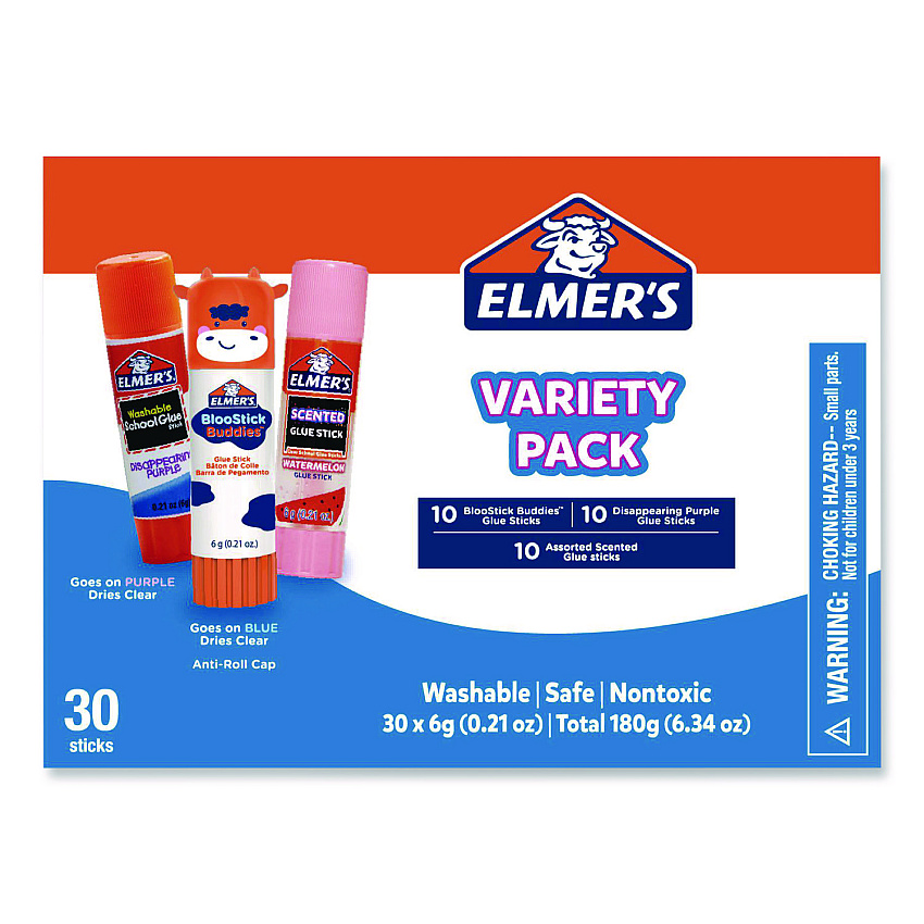 Elmer's Glue Stick Variety Pack, 0.21 oz, Dries Clear, 30/Pack (2213791)