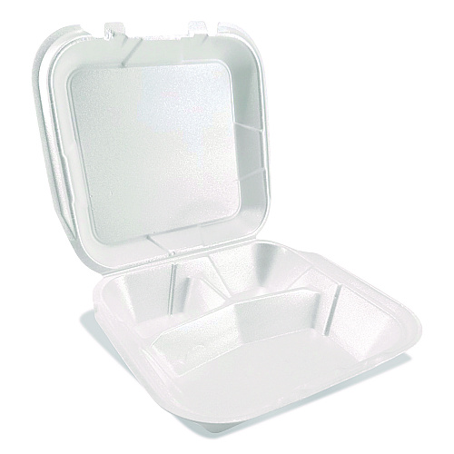 Plastifar Foam Hinged Lid Containers, 3-Compartment, 9 x 9 x 3, White, Foam, 200/Carton (12083)
