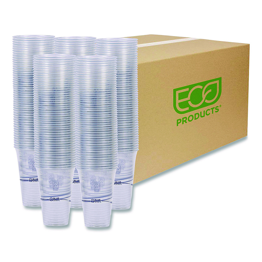 Eco-Products BlueStripe Recycled Content Clear Plastic Cold Drink Cups, 24 oz, 600/Carton (EPCR24)