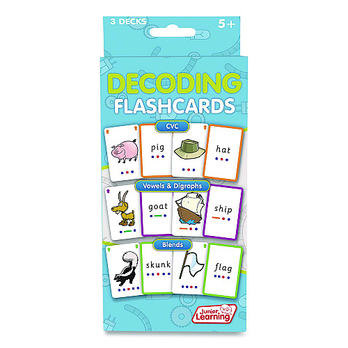 Junior Learning Inc Decoding Flashcards: Blend Patterns, CVC Words, Vowels/Digraphs, Grades K to 1, Assorted Colors, Three Decks of 54 Cards (211)