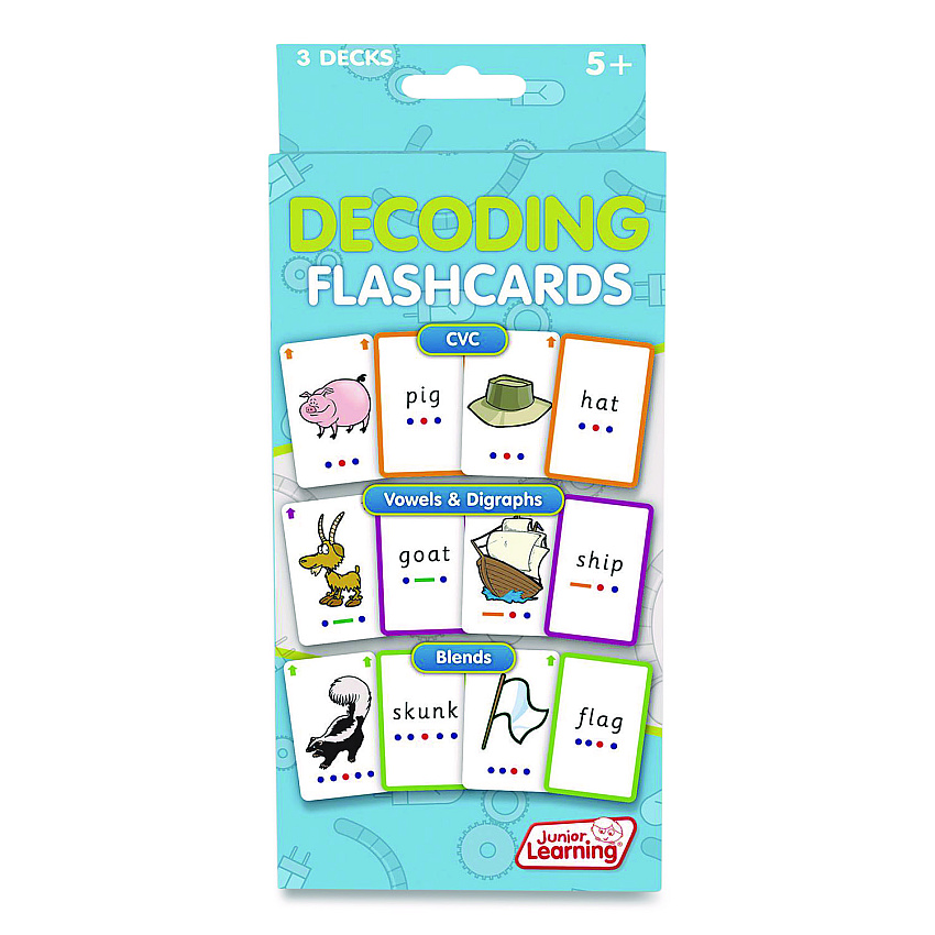 Junior Learning Inc Decoding Flashcards: Blend Patterns, CVC Words, Vowels/Digraphs, Grades K to 1, Assorted Colors, Three Decks of 54 Cards (211)