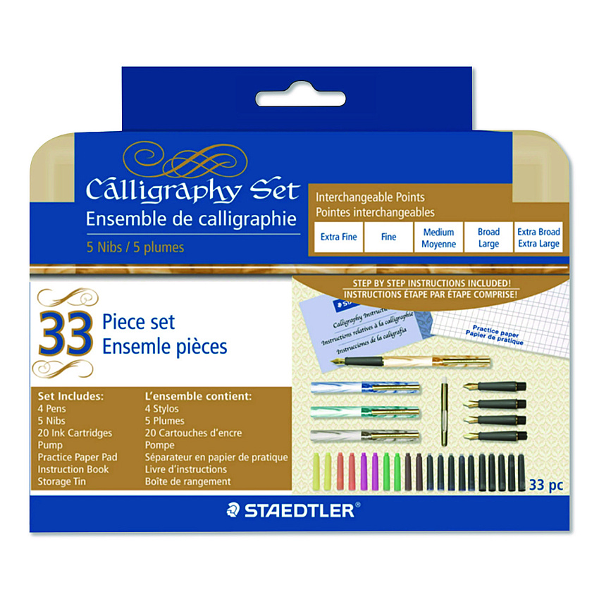 Staedtler Master the Art of Calligraphy Fountain Pen Set, 33 Pieces, (5) Nib Sizes, (7) Ink Colors, (4) Barrel Colors (899SM5NA)