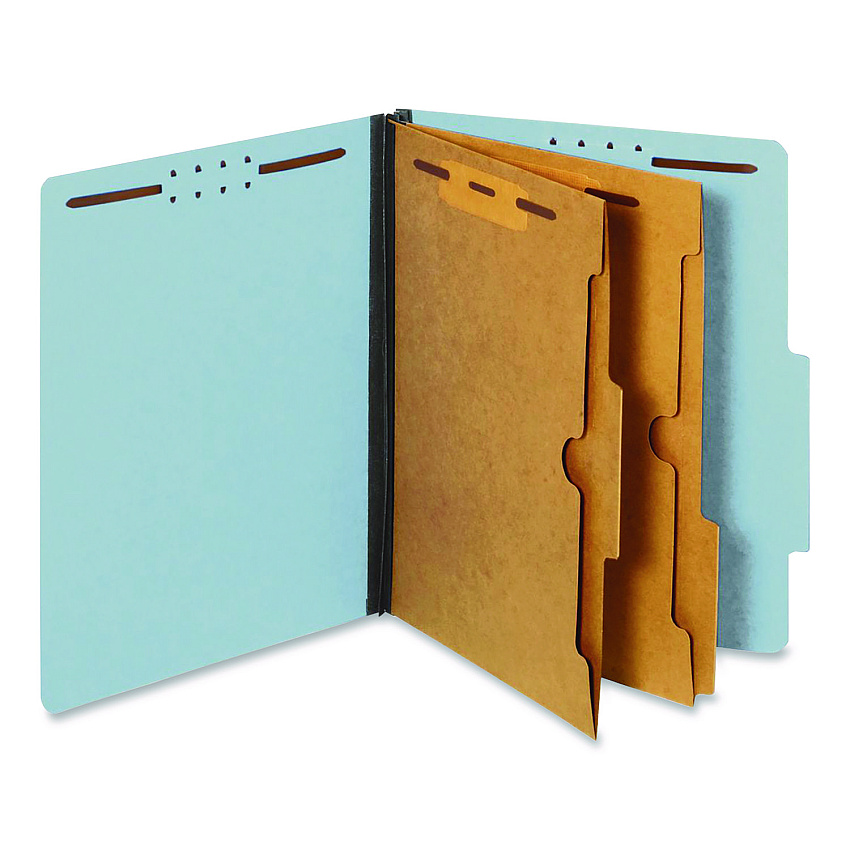 Pendaflex Pressboard Classification Folders with Two Full-Pocket Dividers, 2.5" Expansion, 6 Fasteners, Letter Size, Light Blue, 10/Box (24081P)
