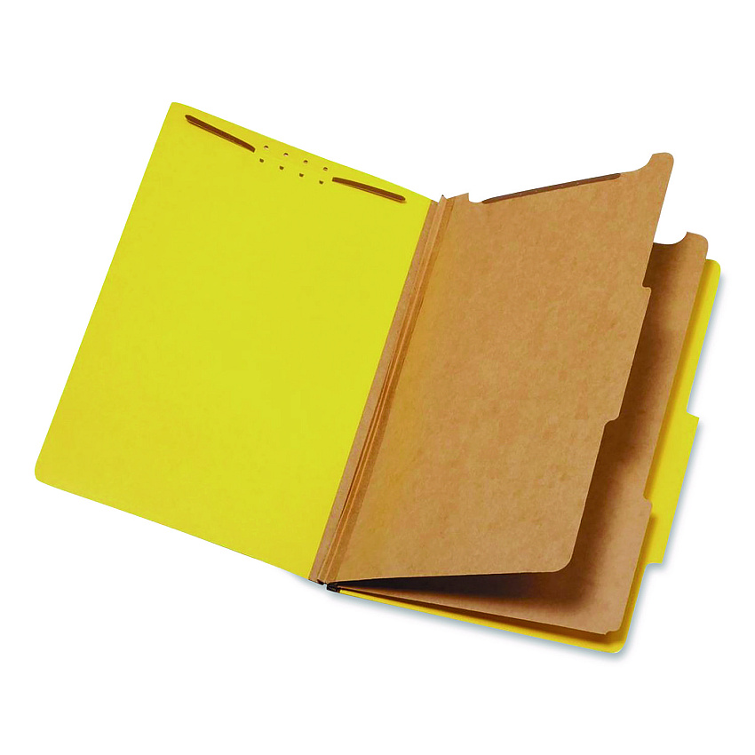 Pendaflex Colored Pressboard Top Tab Classification Folders, 2.5" Expansion, 2 Dividers, 6 Fasteners, Legal Size, Yellow, 10/Box (29034P)