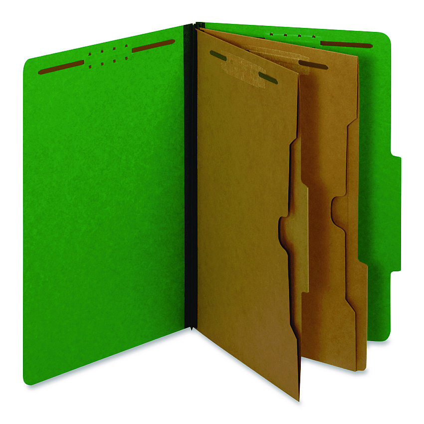 Pendaflex Pressboard Classification Folders with Two Full-Pocket Dividers, 2.5" Expansion, 6 Fasteners, Legal Size, Dark Green, 10/Box (29083P)