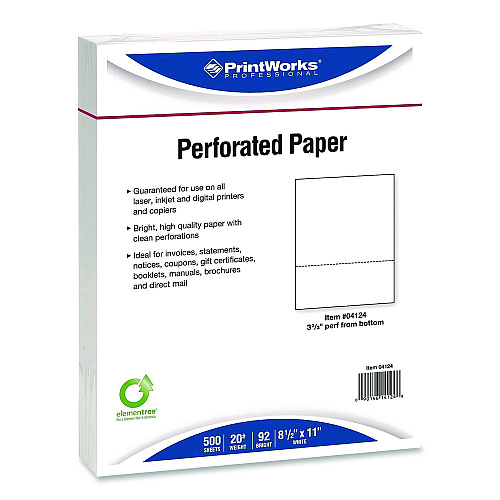 Printworks Professional Perforated Paper, 92 Bright, Perforated 3.66" from Bottom, 8.5 x 11, White, 500 Sheets/Ream, 5 Reams/Carton (04124P)
