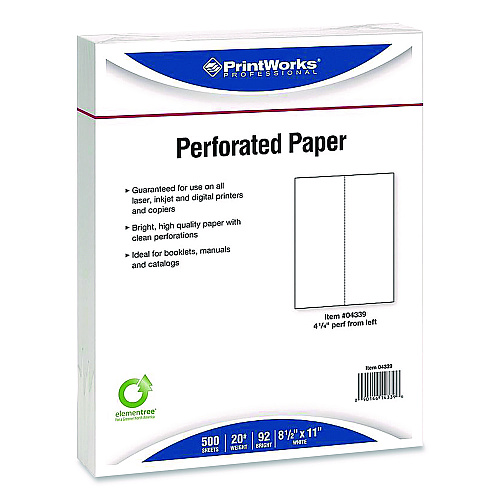 Printworks Professional Perforated Paper, 92 Bright, Perforated 4.25" from Left, 8.5 x 11, White, 500 Sheets/Ream, 5 Reams/Carton (04339)