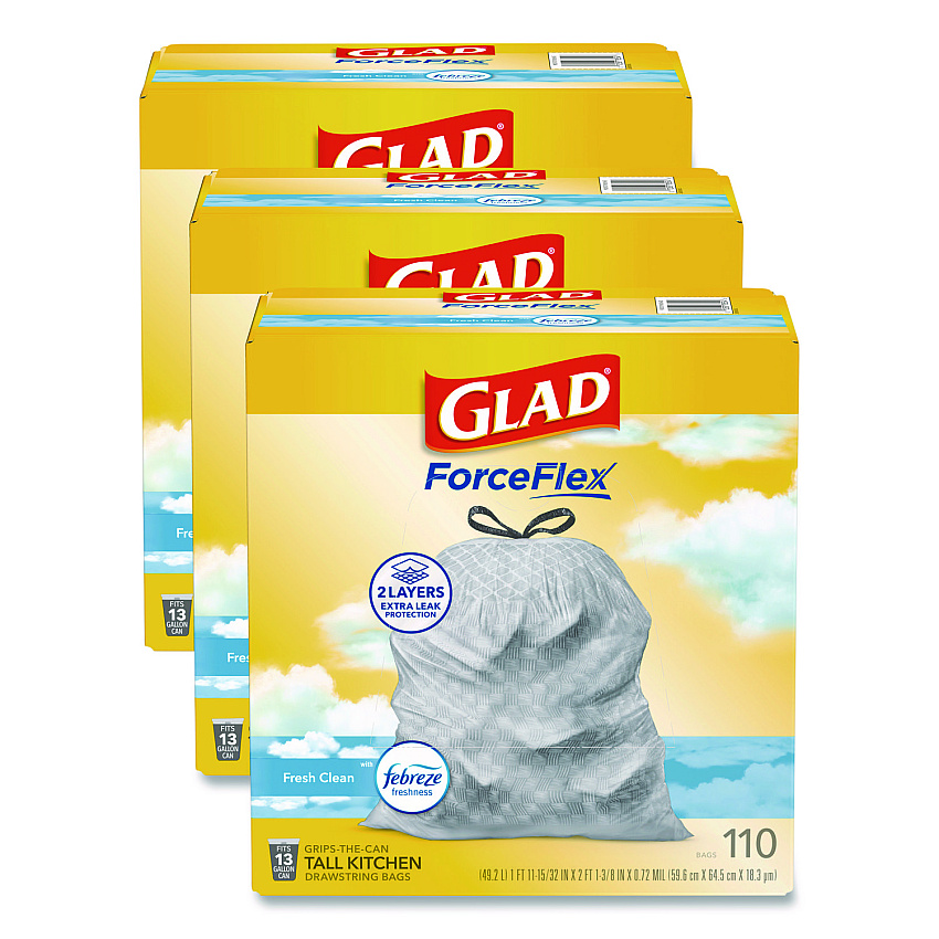 Glad ForceFlex Tall Kitchen Drawstring Trash Bags, Drawstring, 13 gal, Fresh Clean Scent, 10.19 x 9.81, Gray, 110/Roll, 3/Carton (78563CT)