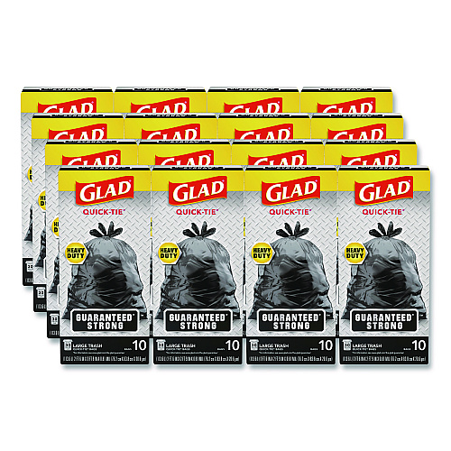 Glad Large Quick-Tie Trash Bags, Tie-Flap, 30 gal, 0.81 mil, 30 x 33, Black, 10 Bags/Box, 12 Boxes/Carton (00079CT)