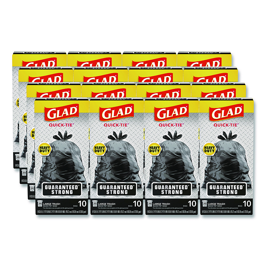 Glad Large Quick-Tie Trash Bags, Tie-Flap, 30 gal, 0.81 mil, 30 x 33, Black, 10 Bags/Box, 12 Boxes/Carton (00079CT)