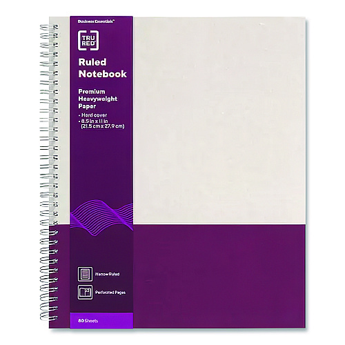 TRU RED Wirebound Hardcover Notebook, 1-Subject, Narrow Rule, Gray/Purple Cover, (80) 11 x 8.5 Sheets (24383514)