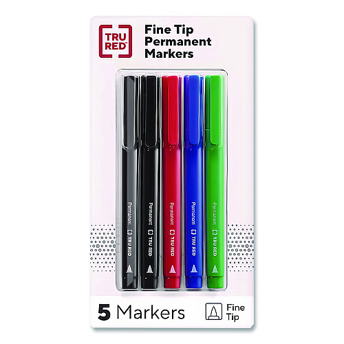 TRU RED Permanent Marker, Pen-Style, Fine Bullet Tip, Assorted Colors, 5/Pack (24376606)