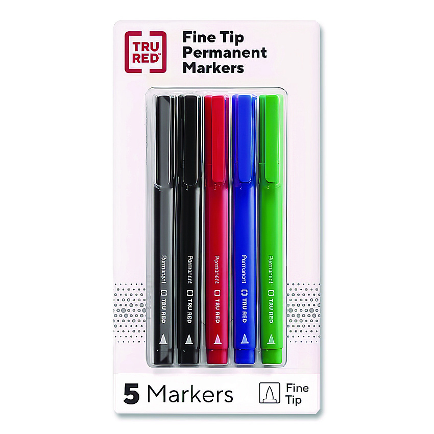 TRU RED Permanent Marker, Pen-Style, Fine Bullet Tip, Assorted Colors, 5/Pack (24376606)