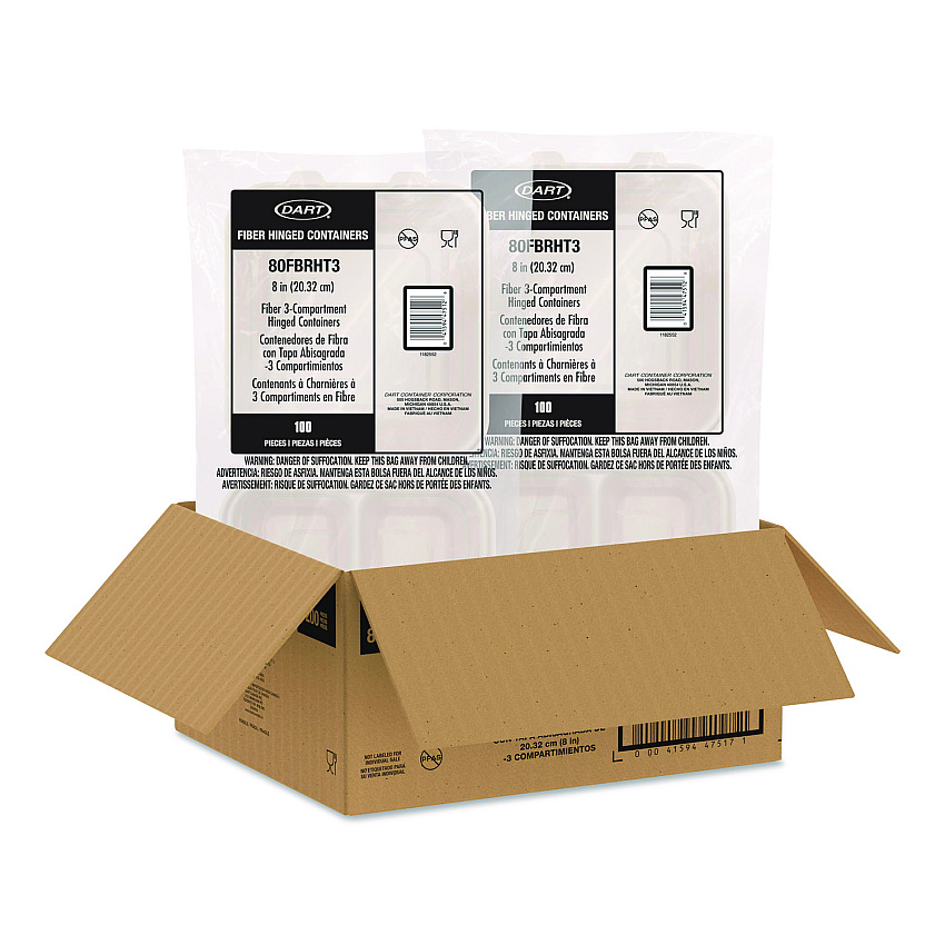 Dart Compostable Molded Fiber Hinged Trays, ProPlanet Seal, 3 Compartments, 8.65 x 7.94 x 2.98, Natural, 200/Carton (80FBRHT3)