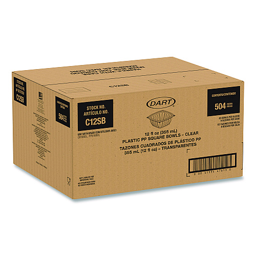 Dart Square Plastic Bowls, 12 oz, 8.5 x 8.5 x 2.64, Clear, Plastic, 63 Bowls/Sleeve, 8 Sleeves/Carton (C12SB)
