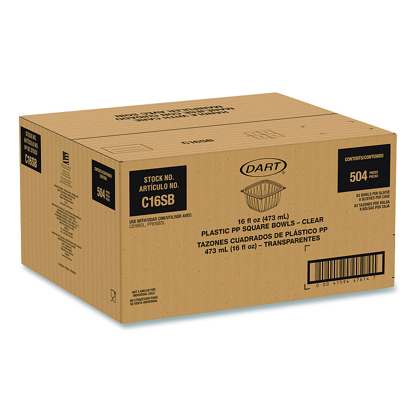 Dart Square Plastic Bowls, 16 oz, 8.5 x 8.5 x 1.96, Clear, Plastic, 63 Bowls/Sleeve, 8 Sleeves/Carton (C16SB)