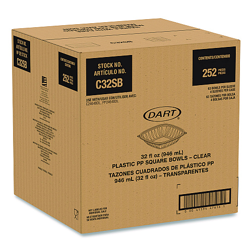 Dart Square Plastic Bowls, 32 oz, 5 x 5 x 1.49, Clear, Plastic, 63 Bowls/Sleeve, 4 Sleeves/Carton (C32SB)
