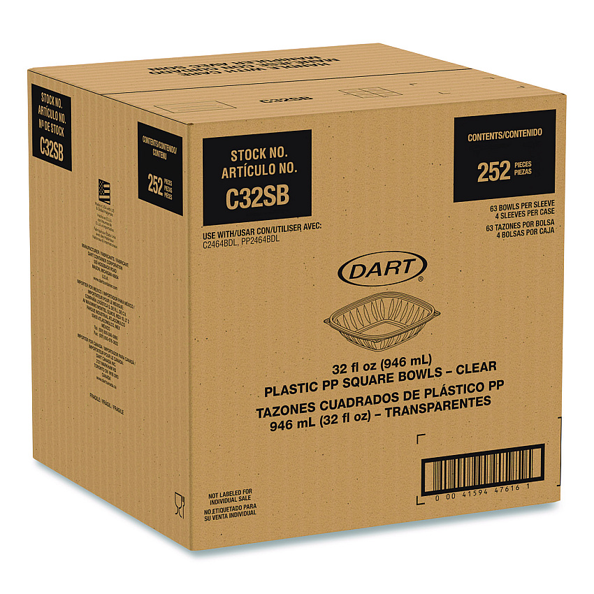 Dart Square Plastic Bowls, 32 oz, 5 x 5 x 1.49, Clear, Plastic, 63 Bowls/Sleeve, 4 Sleeves/Carton (C32SB)