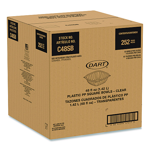 Dart Square Plastic Bowls, 48 oz, 5 x 5 x 2.55, Clear, Plastic, 63 Bowls/Sleeve, 4 Sleeves/Carton (C48SB)