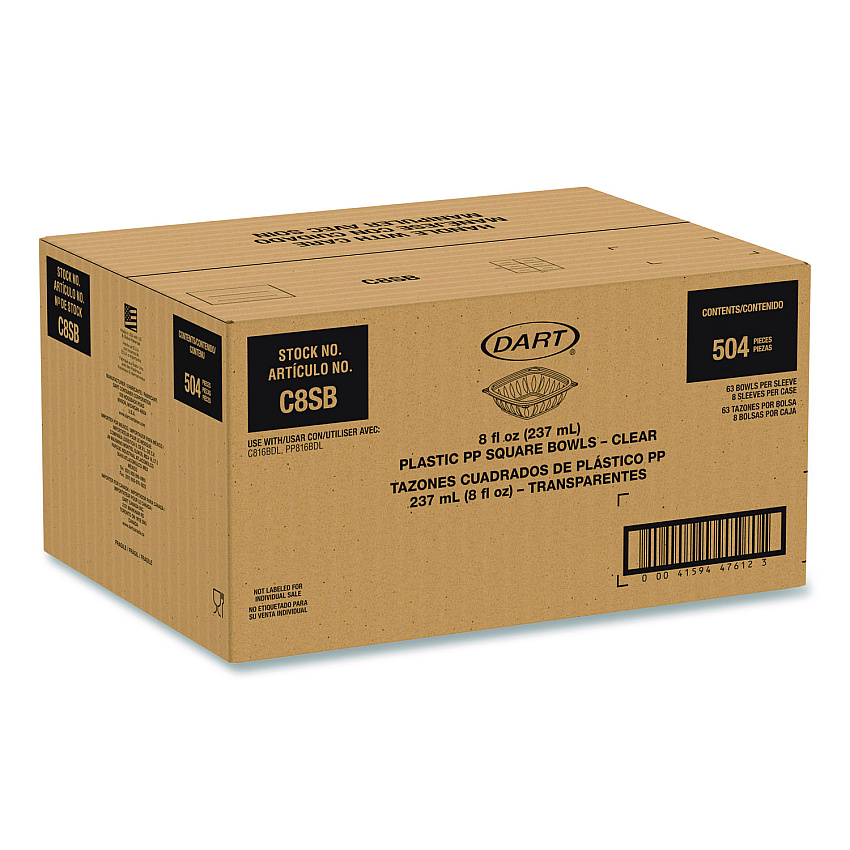 Dart Square Plastic Bowls, 8 oz, 8.5 x 8.5 x 1.51, Clear, Plastic, 63 Bowls/Sleeve, 8 Sleeves/Carton (C8SB)