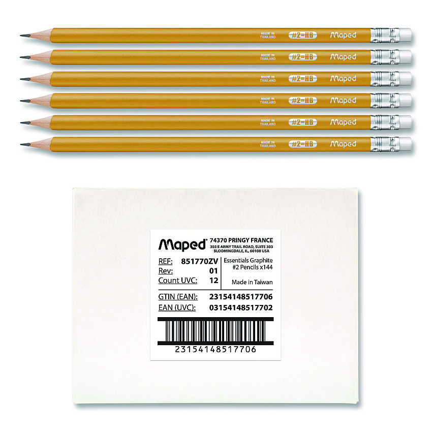 Maped Helix Essentials Triangular Pre-Sharpened Pencils, HB (#2), Black Lead, Yellow Barrel, 144/Box (851770ZT)