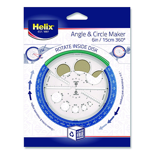 Maped Helix 360 Angle and Circle Maker 2-in-1 Protractor and Compass Tool, 2" Ruler Edge, Plastic, Randomly Assorted Color (36002)