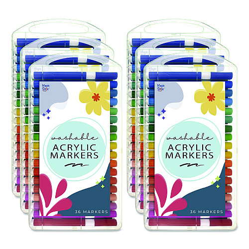The Pencil Grip Washable Acrylic Markers, Fine Bullet Tip, Assorted Colors, 36/Pack, 6 Packs/Carton (49906)