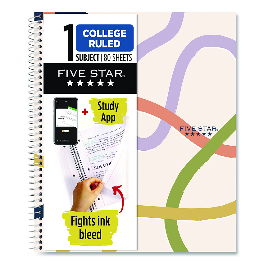 Five Star Simple Waves Organic Lines Notebook w/ Study App, 1-Subject, Med/College Rule, Assorted Cover Color (80) 11 x 8.5 Sheets (820233F)
