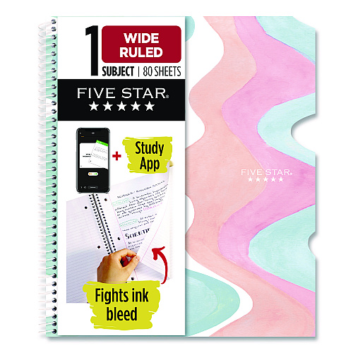 Five Star Brushy Moves Pastel Waves Design Notebook w/ Study App, 1-Subject, Wide/Legal Rule, Assorted Cover Color, (80)11 x 8.5 Sheets (930060F)