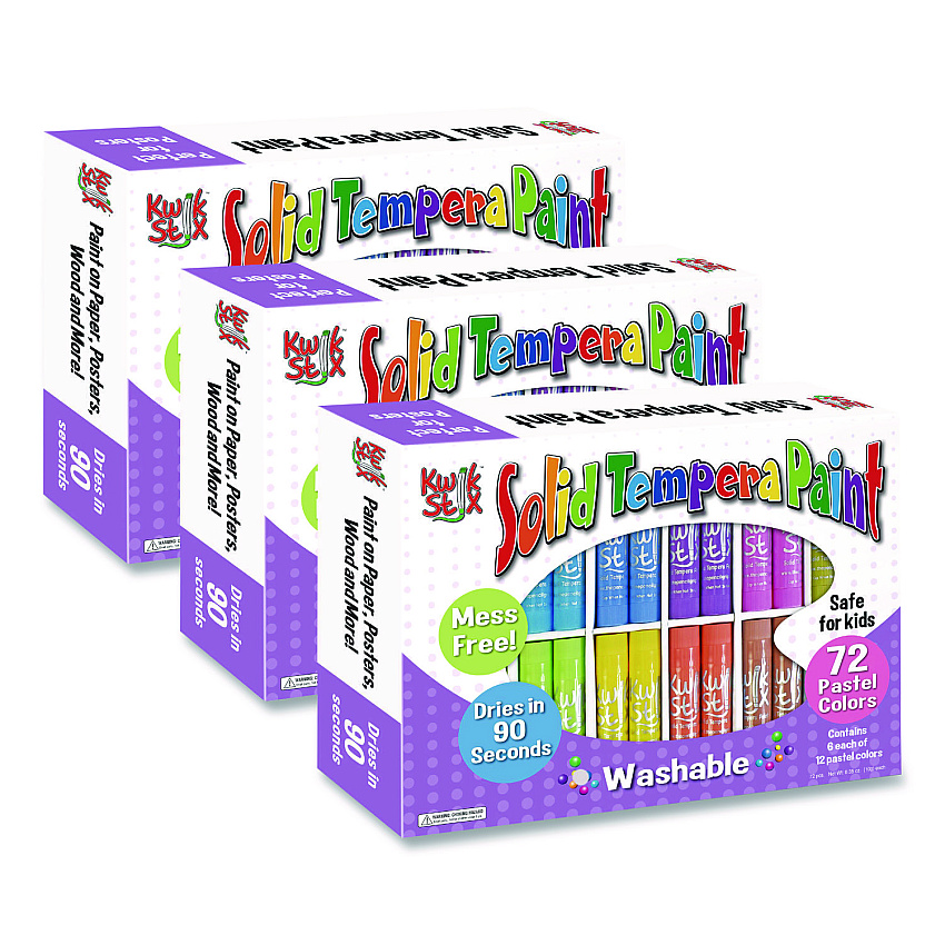 The Pencil Grip Kwik Stix Tempera Paint Set, 12 Assorted Colors, 72 Paint Sticks/Pack, 3 Packs/Carton (69203)