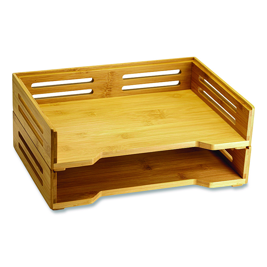 Officemate Bamboo Stackable Desktop Document Trays, 2 Sections, Letter Size Files, 14.09" x 10.47" x 4.4", Brown, 2/Pack (71004)