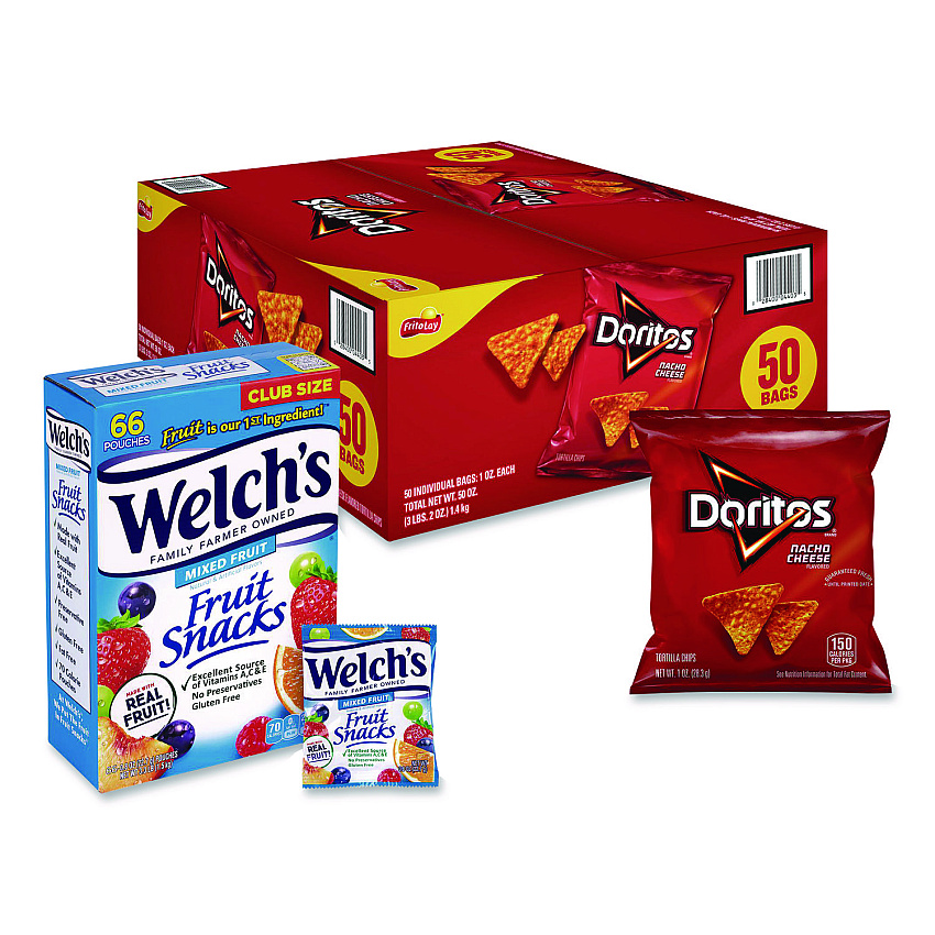 Snack Box Pros Doritos Nacho Cheese Tortilla Chips and Welch's Mixed Fruit Snacks, (50) 1oz Bag Chips, (66) 0.8 oz Pouch Fruit Snacks/Bundle (60004174)