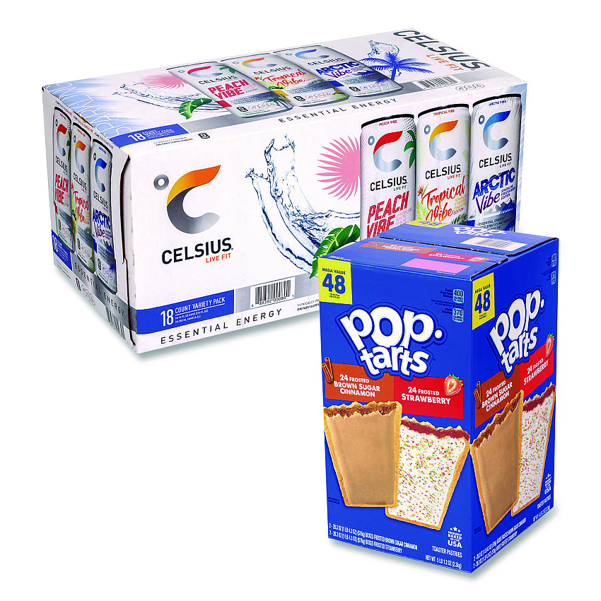 Kellogg's Celcius Vibe and Pop Tarts Variety Combo Pack,(18) 12oz Cans,(24) Frosted Strawberry/(24) Frosted Brown Sugar Cinnamon/Bundle (60004172)