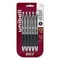 uni-ball Signo 207 Gel Pen, Retractable, Medium 0.7 mm, Black Ink, Clear/Black Barrel, 5/Pack (1960239)