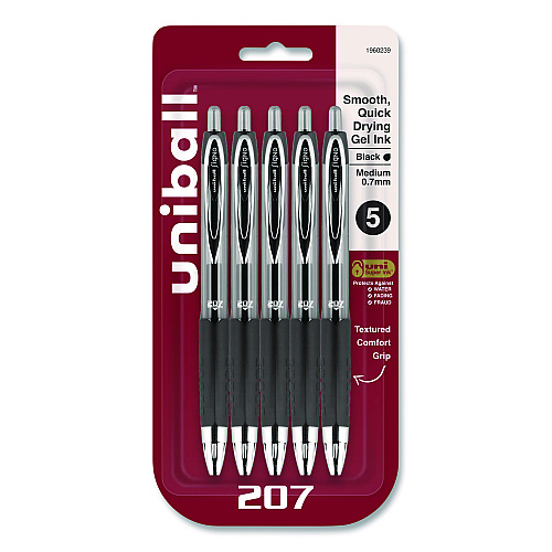 uni-ball Signo 207 Gel Pen, Retractable, Medium 0.7 mm, Black Ink, Clear/Black Barrel, 5/Pack (1960239)