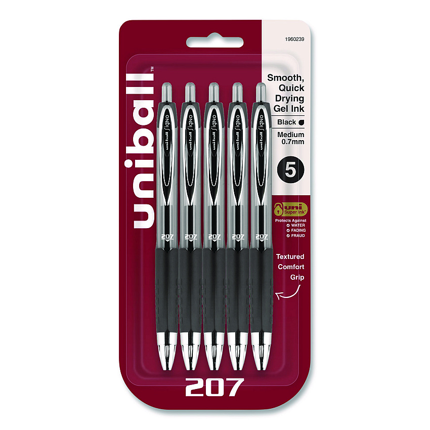 uni-ball Signo 207 Gel Pen, Retractable, Medium 0.7 mm, Black Ink, Clear/Black Barrel, 5/Pack (1960239)