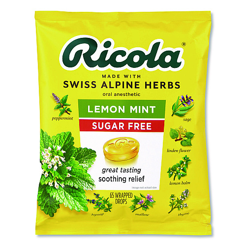 Ricola Sugar-Free Lemon Mint Herb Throat Drops, 65/Bag, 2 Bags/Pack (22002531)