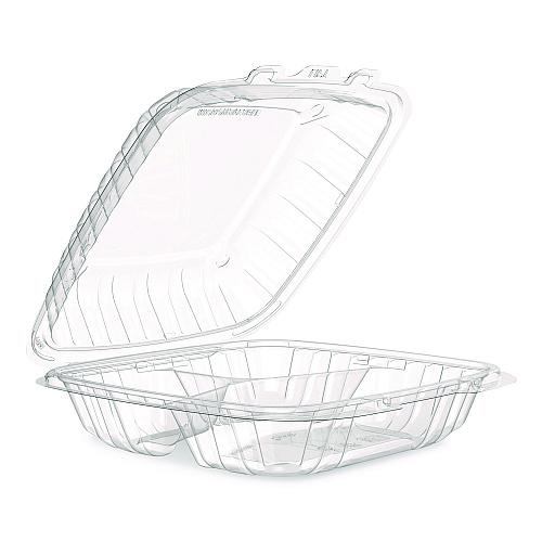 Dart Microwaveable Hinged Containers, ProPlanet, 3 Compartments, 9 x 8.75 x 3, Clear, Plastic,150/Carton (90PPHT3)