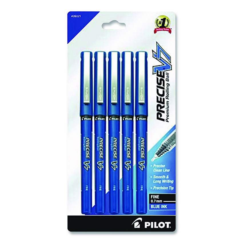 Pilot Precise V7 Rollerball Pen, Stick, Fine 0.7 mm, Blue Ink, Blue/Clear Barrel, 5/Pack (26021)