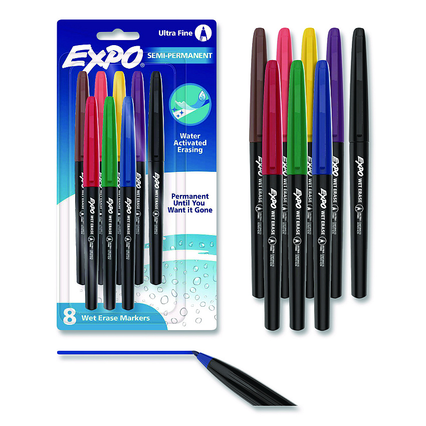 EXPO Wet Erase Marker, Ultra Fine Bullet Tip, Assorted Colors, 8/Pack (2134345B)