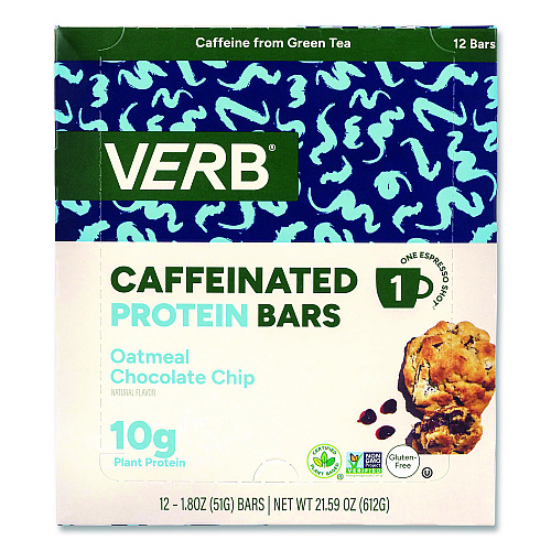 Caffeinated Protein Bar, Oatmeal Chocolate Chip, 1.8 oz Bar, 12/Box