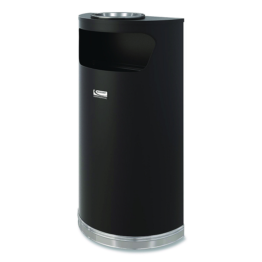 Suncast Commercial Half Round Metal Trash Can with Ashtray, 9 gal, Steel, Black (MTCRES901BKS)