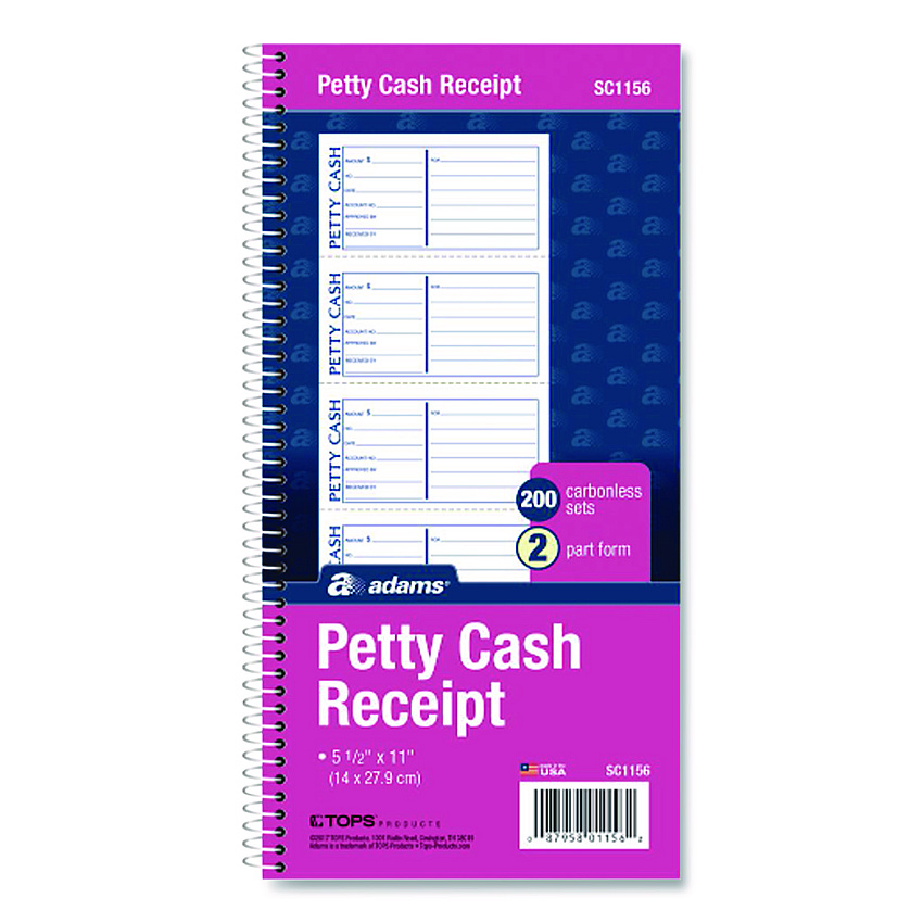 Adams Petty Cash Receipt Book, Two-Part Carbonless, 5 x 2.75, 4 Forms/Sheet, 200 Forms Total (SC1156)