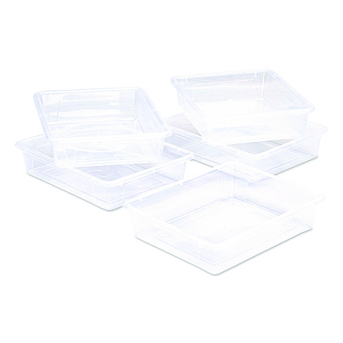 Storex Storage Tray, Flat, 1.69 gal, 10.65" x 13.17" x 2.96", Translucent, 5/Pack (62565U05C)