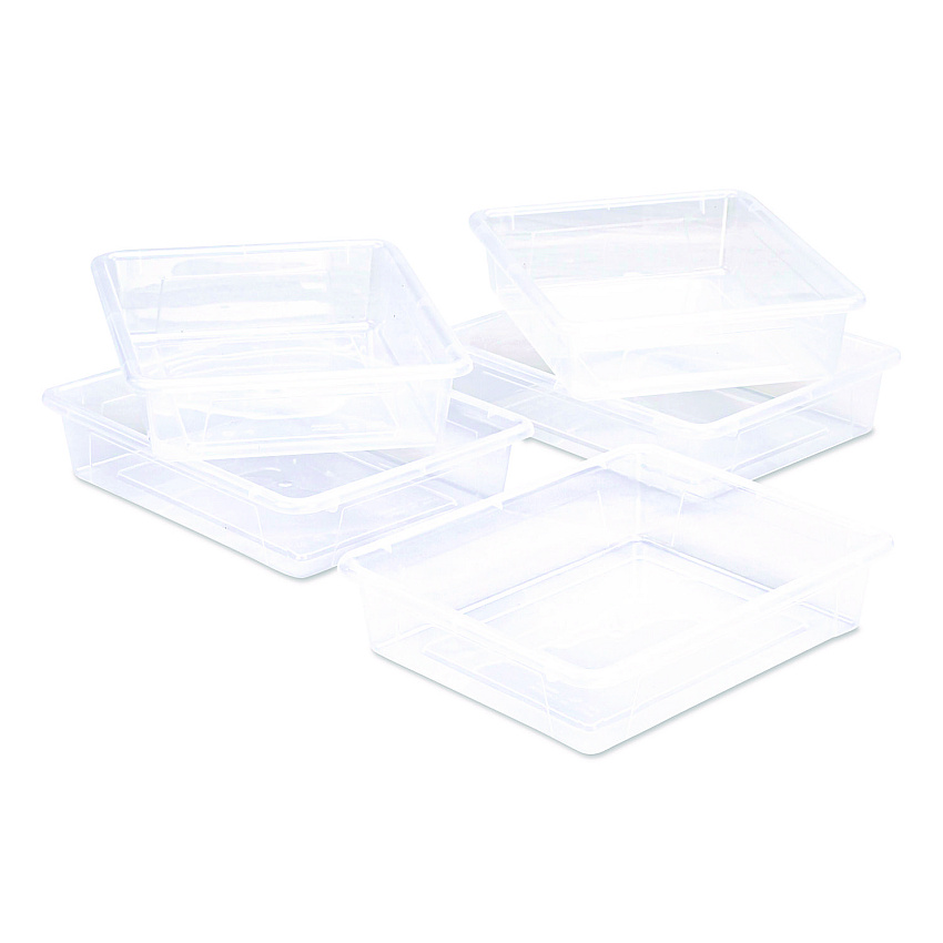 Storex Storage Tray, Flat, 1.69 gal, 10.65" x 13.17" x 2.96", Translucent, 5/Pack (62565U05C)