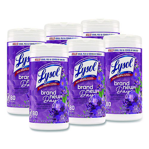 Lysol&reg; Disinfecting Wipes, 7 x 7.25, Lavender, White, 80 Wipes, 6 Canisters (56264CT)