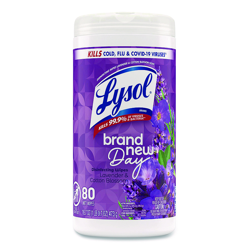 Lysol&reg; Disinfecting Wipes, 1-Ply, 7 x 7.25, Lavender and Cotton Blossom, White, 80 Wipes/Canister (56264EA)