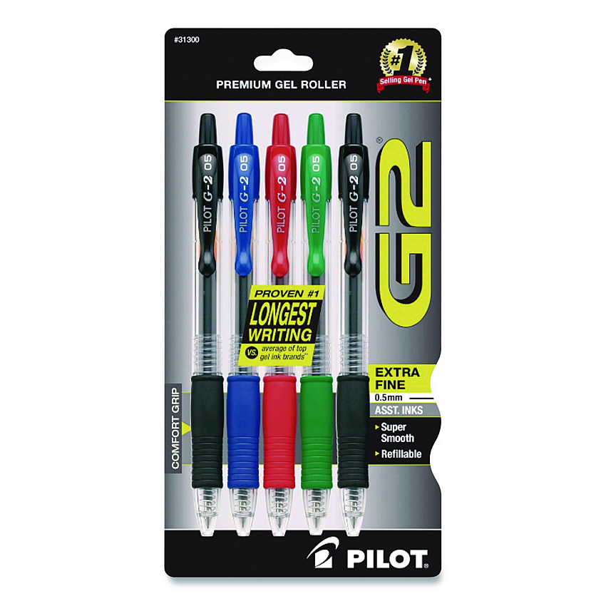 Pilot G2 Premium Gel Pen, Retractable, Extra-Fine 0.5 mm, Assorted Ink and Barrel Colors, 5/Pack (31300)