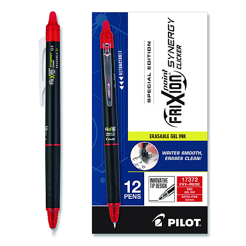 Frixion Synergy Clicker Erasable Gel Pen, Retractable, Extra Fine 0.5 mm, Red Ink, Black/Red Barrel, Dozen